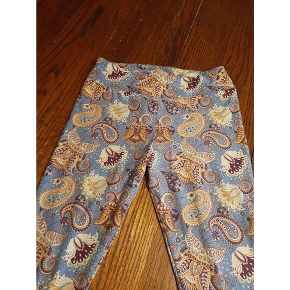 Tall Curvy 12-18 LulaRoe Blue Cream Wine Floral Paisley Casual Athletic Leggings - Picture 2 of 3
